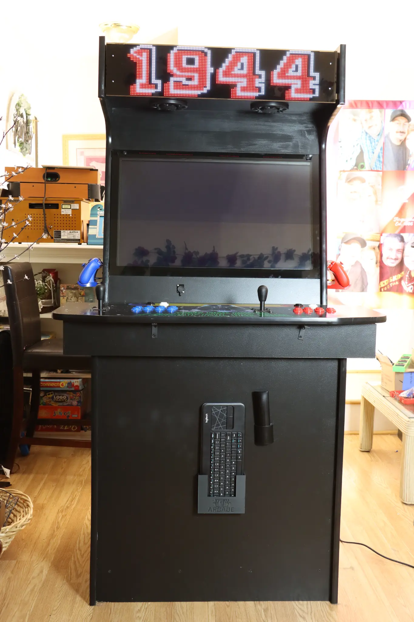 Classic arcade cabinet with LED marquee displaying 1944
